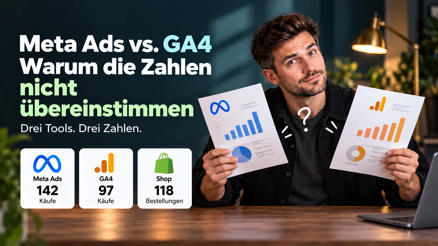 Lee Knoeppel mit zwei Analytics-Auswertungen in den Händen, daneben Meta Ads mit 142 Käufen, GA4 mit 97 Käufen und der Shop mit 118 Bestellungen