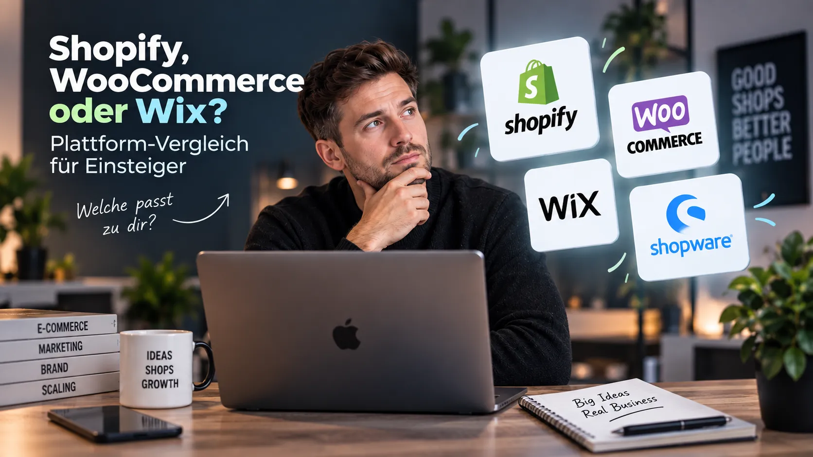 Lee Knoeppel am Laptop, Titelbild zum Artikel Shopify, WooCommerce oder Wix, Plattform-Vergleich für Einsteiger